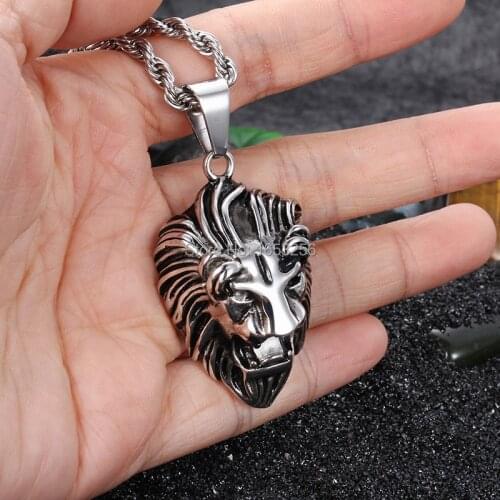 Vintage Black 316L Stainless Steel Punk Hip-Hop Biker animal Lion Pendant Mens Boys Necklace 22" Rope Chain