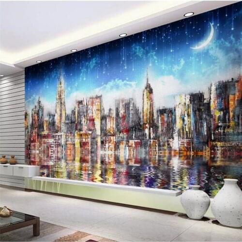 Wellyu Custom wallpaper 3d night view of the city sky reflection oil painting European American style обои TV backdrop wallpaper
