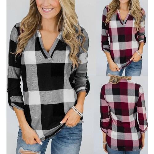 Womens Roll Up Long Sleeve V-Neck Plaid Lattice Shirt Print Blouse Tops Girls Fashion Classic Plaid Splicing All-match T-Shirt