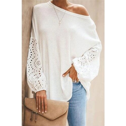 Diagonal Collar Off Shoulder Loose Black Ladies T-shirt Autumn Long Sleeve Hollow Out Solid Color Casual Elegant Women T-shirts