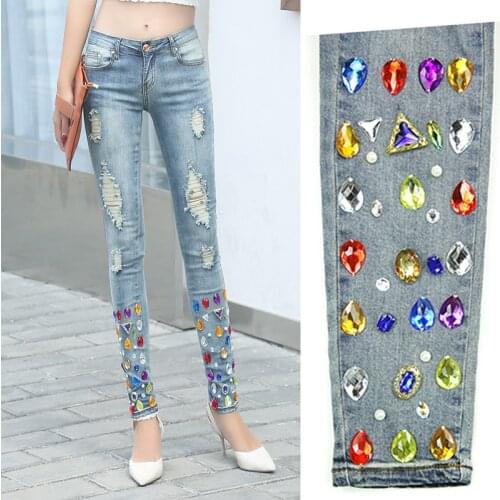 Womens Stretch Pencil Pants 2020 New Female Skinny Ripped Hole Washed Denim Trousers with Crystal Diamond Sequins