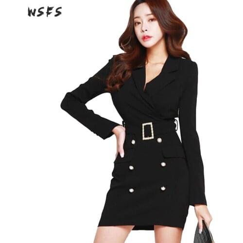 Autumn Black Notched Long Sleeve Women Dresses Bodycon Bandage Suit Office Ladies Business Sexy Party Mini Pencil Wrap Dress