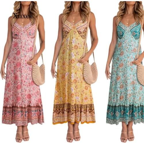 Women V Neck Sleeveless Long Dress Sling Floral Print Robe Female Fashion Boho Sexy Backless Ruffle Party Beach Maxi Dresses