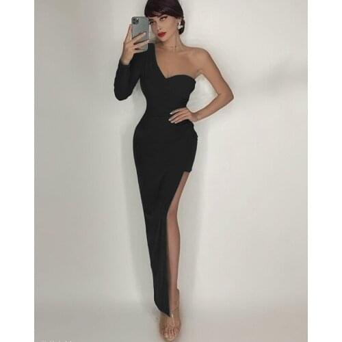 2021 Black Sexy One Shoulder Pleated High Split Women Summer Party Dress Nightclub Femme French Vestidos Banquet Robe BD1961