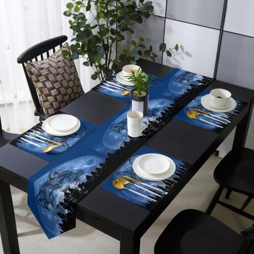 Animal Wolf Night Moon Forest Silhouette Table Runner Holiday Kitchen Dining Table Runners Place Mats Set for Home Party Decor