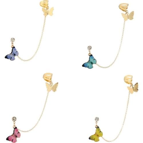 2Pcs/Pack 2021 New Fashion Jewelry Insect Enamel Butterfly Ear Cuff for Women Clip Earrings with Gold Chain Fake Ear Piercing