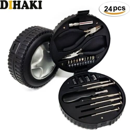 24Pcs/Set Multifunction Hand Tool Precision Clock repair Kit with Tire Shape Box Pliers Socket Car Repair tool set Combination