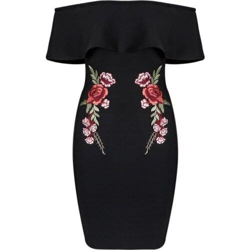 Black Off the Shoulder Chic Flower Details Sexy Women 2017 New Arrival Bodycon Bandage Party Dress