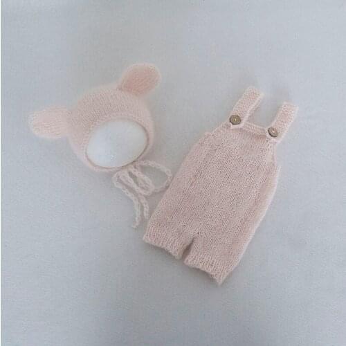 Angora Teddy Bear Bonnet Romper Outfit Newborn Photography Props Baby Pink Bear Hat Set Knit Fluffy Romper Overall Photo Props