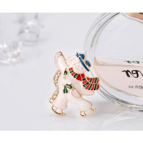 Double Figure Skating Snowman Brooches Charming Enamel White Red Blue Brooch for Women Children Christmas Gift Jewelry Pins