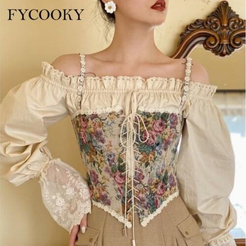 French Vintage Floral Corset Women Elegant Chic Bandage Print Halter Tops Ladies 2021 Sexy Style Party Club Camis Shirts