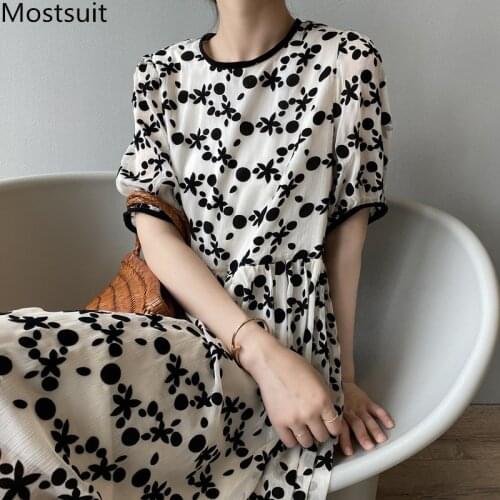 Summer Flocking Printed Women Dress Short Sleeve O-neck Sweet Vintage Dresses Fashion Elegant Loose Ladies Vestidos Femme 2021