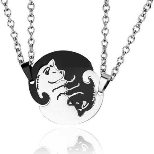 Men Women Couple Necklace Black Silver Color Dog Cat Heart Round Puzzle Pendant Puppy Necklace Jewelry 20Inch Chain Link