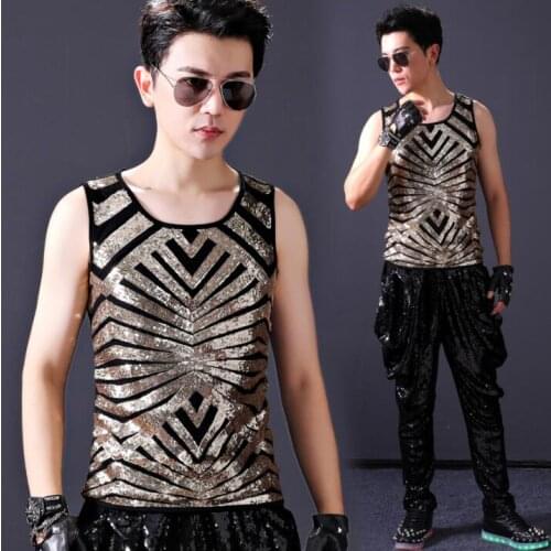 Men vest Gold sequins clothing personality slim male sleeveless vests men punk rock singer dance stage star fashion summer