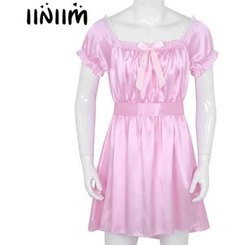 Mens Sexy Lingerie Nighwear Babydoll Shiny Soft Satin Crossdress Male with Sash Sissy Underwear Sexy Erotic Male Underpants