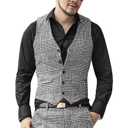 Mens Suit Vest V Neck Plaid Wool Waistcoat Casual Formal Single-breasted Business Groomman For Wedding Brown/Grey