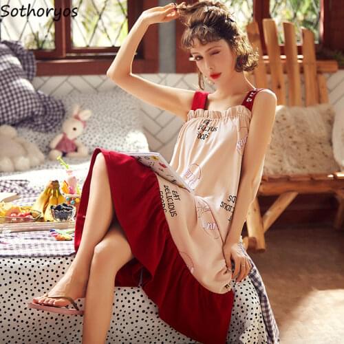 Nightgowns Women Strappy Ruffles Printed Sleeveless Sleep-shirts Baggy Soft Comfortable Lovely Girls Trendy Leisure Nightwear