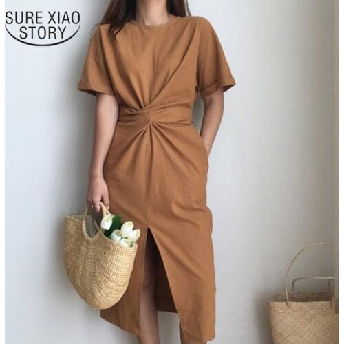 New 2021 Womens Summer Cotton Maxi Dress Bodycon Vintage Party Dress Female Short Sleeve Bandage Split Plus Size Dresses Robe