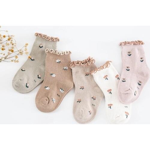 New Floral Embroidery Fungus Edge Socks Newborn Baby Cotton Knit Kids Short Socks Toddler Girls Children Tube Princess Socken