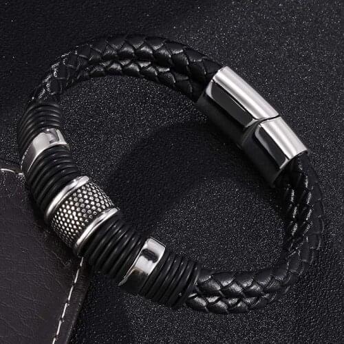New Double Layer Black Braided Leather Bracelet Men Woven Hot Sale Bracelets Bangles Dropshipping ST0371