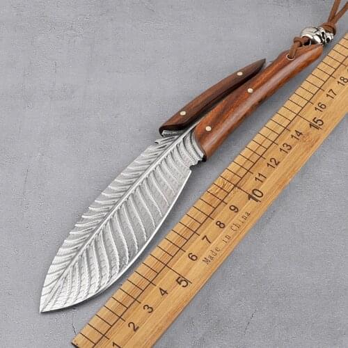 Damascus steel feather fixed straight knife tactics outdoor multi-function hunting art knife edc tool collection gift