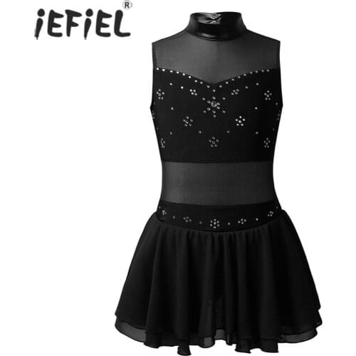 Teens Kids Girls Figure Ice Skating Competition Dress Gymnastics Leotard Metallic Rhinestone Roller Skating Ballet Dance Costume