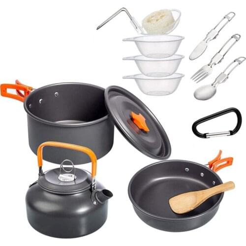 Camping Cookware Mess Kit, Lightweight Pot Pan Kettle with Tongs, Folding Fork Spoon for Outdoor Camping Backpacking