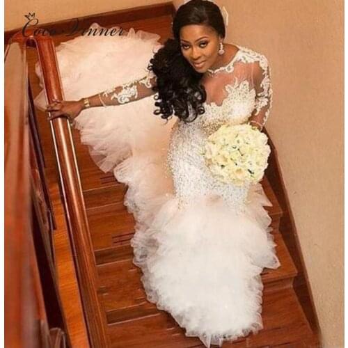Heavy Pearls Crystal Beading Luxury Train African Mermard Wedding Dresses Long Sleeve Lace Appliques Lace Wedding Dress W0383