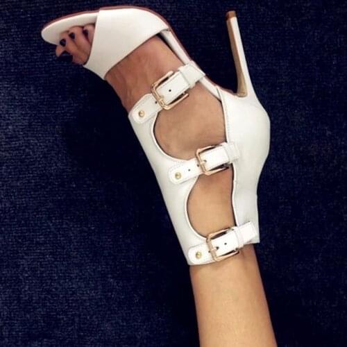 Multi-Buckle Open Toe White Leather Sandals Cut Out Ankle Buckle Stiletto High Heels Dress Women Runway Sandals Matte Leather