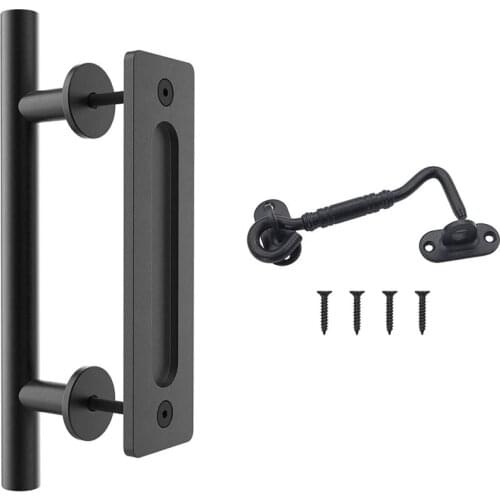 Heavy Duty 12 Inch Pull and Flush Sliding Barn Door Handle Set with Privacy Latch Hook Black Coated Finish Round Shape