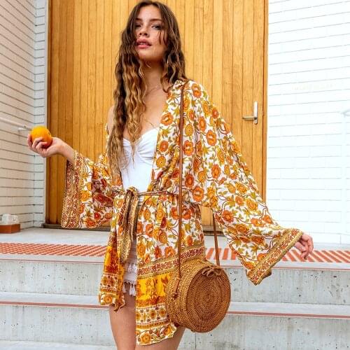TEELYNN women Cardigan Boho blouse and shirt yellow floral print Kimono sleeve summer blouses beach wear Hippie blouse Blusa