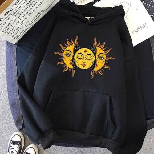 Gothic Style Hoodies Women Sun and Moon Print Hooded Sweatshirt Harajuku Horror Dark Oversized Sweatshirt Vintage Fashion Hoodie