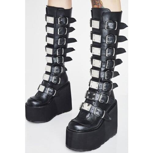 2021 Mew 12 cm Thick-Soled Middle Waterproof Boots Casual Womens Leather Boots Belt Buckle Metal Knee-Length Boots Punk Boots