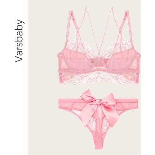Lady Undewear Set Sexy Soft Bra Lace Breathable Transparent Lace Ultra Thin Thong Bow Erotic Lingerie Panties Sexy Bra Set