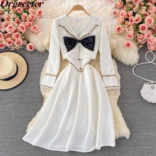 Vintage Two Piece Set Women V-neck Short Jacket Coat Crop Top + Sweet Bowknot Spaghetti Strap Dress 2 Piece Outfits Female