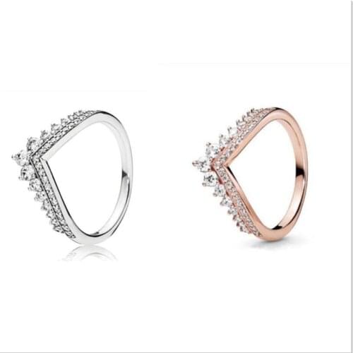 925 Sterling Silver pan Ring Princess Wishbone With Crystal Rings For Women Wedding Party Gift Fine Jewelry