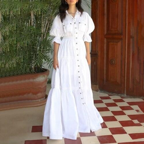 Donsignet Women Dress Solid Color Long Dress Summer 2021 New Lapel Single Breasted Bubble Sleeve Splicing Dress Vestido Feminino