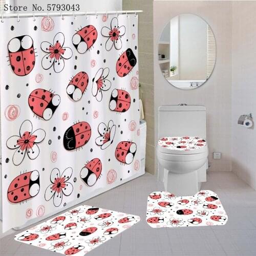 3/4Pcs Vegetable Bug Bathroom Rug Set Cartoon Animal Insect Pedestal Rug Lid Toilet Cover Bath Mat Kids Shower Curtain Set
