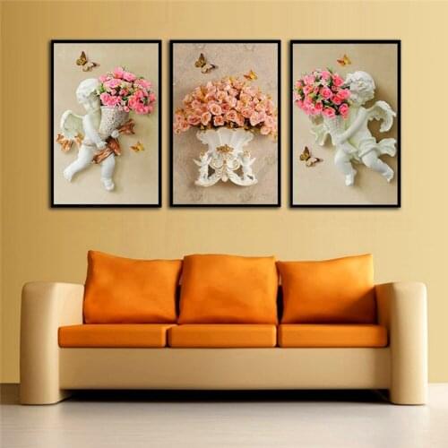 3 Panels European 3D Angel Pink Rose Painting on Canvas Fashion Home Decoration Bedroom Backdrop Wall Art Unframed
