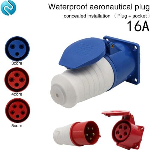 Aviation plug socket industrial waterproof connector 3 core 4 core 5 core 16A concealed installation aviation butt plug