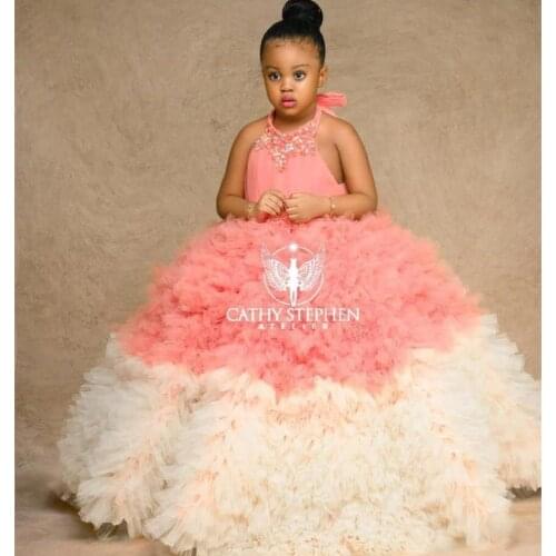 Ball Puffy Flower Girl Dresses For Wedding Halter Beads Crystal African Girls Pageant Gowns Tiered Skirts Tulle Kids Prom Dress