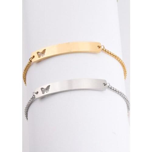 100% Stainless Steel Hollow Butterfly Blank Bar Bracelet For Engrave Metal Plate Adjustable Chain Mirror Polished 10pcs