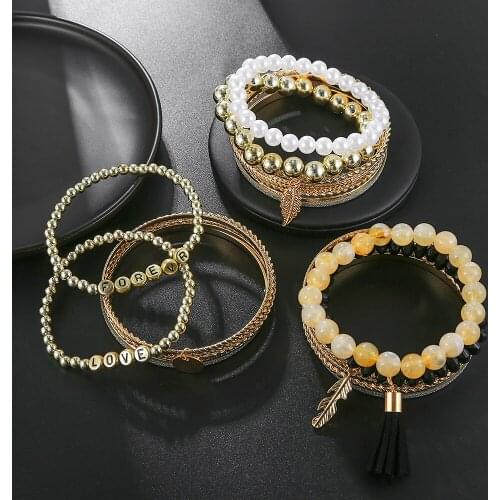 Trendy 7pcs Bangle Set Wire Bracelets with Charms Punk Gold Metal Texture Bangle Bead Bracelets for Women Bohemian Jewelry