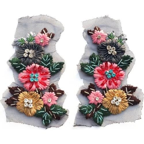 Black meash flower pair rhinestones beaded patches applique embroidery fabric sew on patch clothing bags decoration patch