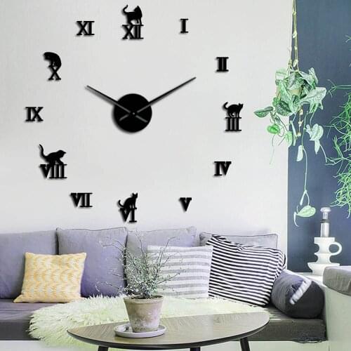 DIY 3D Cat Mirror Effect Large Numer Kittens Wall Clock Sticker Kitty Frameless DIY Quiet Giant Wall Clock Modern Watch Decor