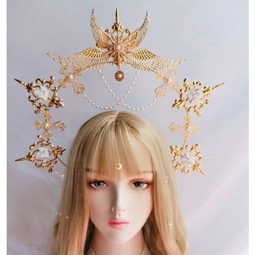 Gothic Lolita KC Gothic Gold Halo Angel Wings Sun Godmothers Virgin Mary Goddess Headpiece Bead Chain Bride Hair Accessories