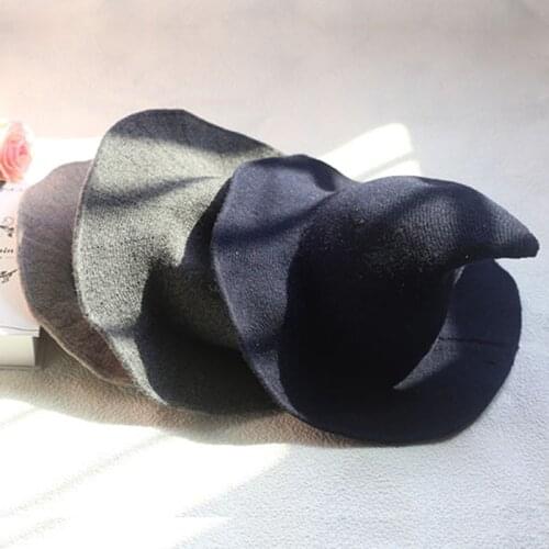 Hot Women Modern Witch Hat Foldable Costume Sharp Pointed Wool Felt Halloween Party Hats Witch Hat Warm Autumn Winter Cap
