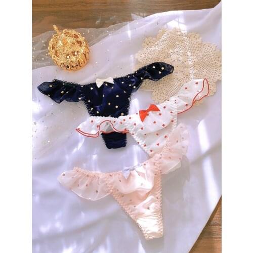 Japanese cute sexy ruffle polka dot bow cotton lace thong girl low waist underwear