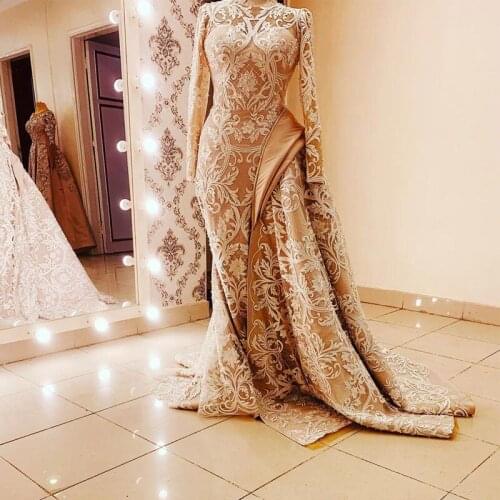 Graceful Full Lace Champagne Mermaid Muslim Evening Dresses O Neck Long Sleeve Bead Arabic Dubai Formal Wears