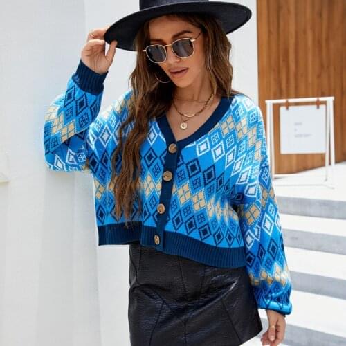 Autumn Women Sweater Cardigans V-Neck Knitting Loose Thick Geometric Printing Single Breasted Buttons Casual Cardigans